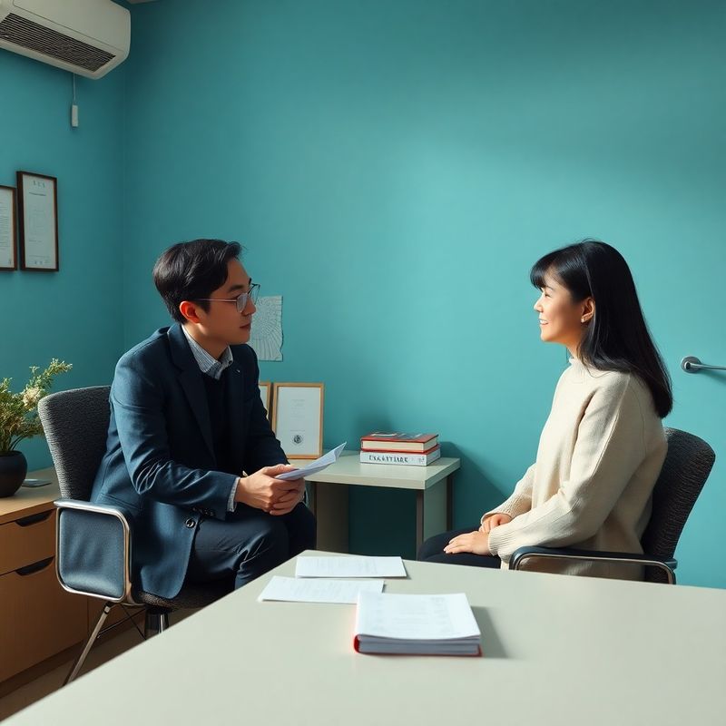차분한 아즈레 톤의 사무실에서 진행되는 1:1 상담 장면